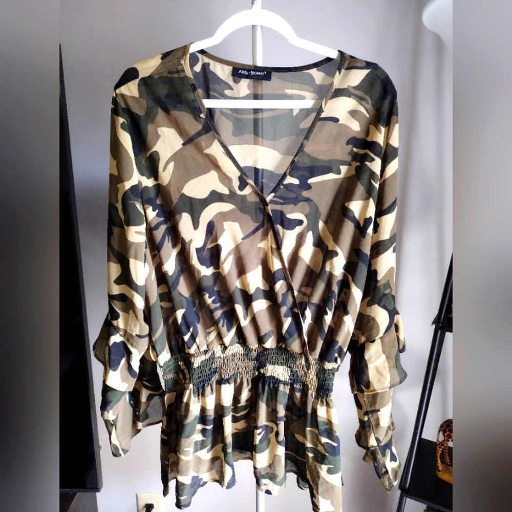 Ashley Stewart Camo Print Faux Wrap Sheer Blouse 3/4 Sleeve Relaxed Fit - Picture 1 of 5